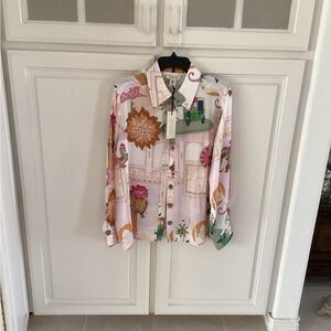 Rachel Zoe Pastel Pink & Green Printed Button-Up Blouse